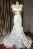 Scoop Lace Mermaid Wedding Dress With Feather-27dress