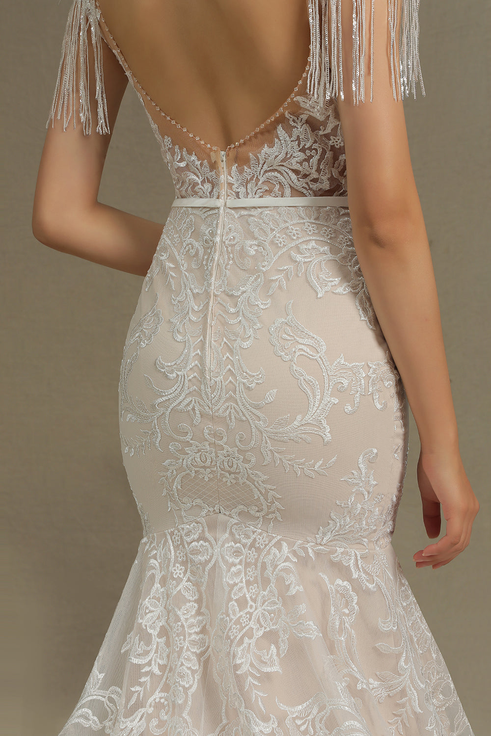 Scoop Lace Mermaid Wedding Dress With Feather-27dress