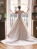 Scoop Neck Satin Ball Gown Wedding Dress with Bow and Sweep Train