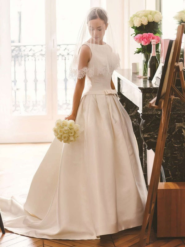 Scoop Neck Satin Ball Gown Wedding Dress with Bow and Sweep Train