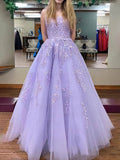 Scoop Neck Tulle Prom Dress with Appliques and Lace Sweep Train