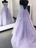 Scoop Neck Tulle Sweep Train Appliques Lace Prom Dress Ball Gown