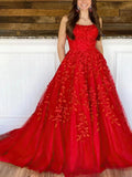 Scoop Neck Tulle Sweep Train Appliques Lace Prom Dress Ball Gown