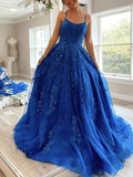 Scoop Neck Tulle Sweep Train Appliques Lace Prom Dress Ball Gown