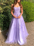 Scoop Neck Tulle Sweep Train Appliques Lace Prom Dress Ball Gown