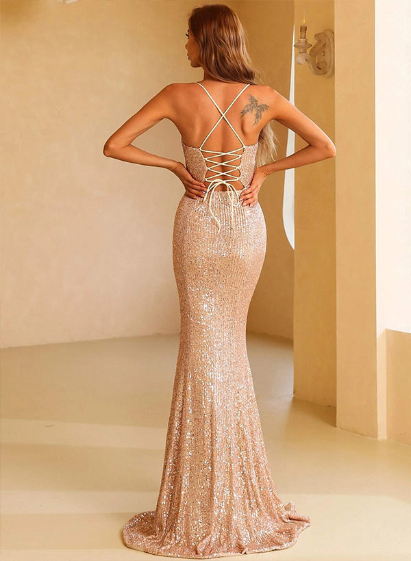 Sequin-Embellished Prom Dress with Split Front and V-Neck Sheath Column Skirt-27dress