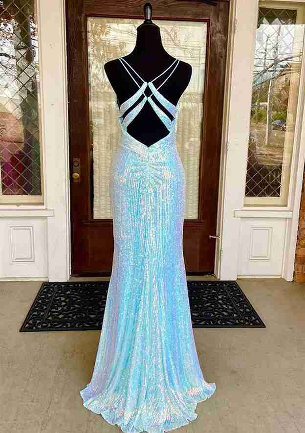 Sequin-Embellished V-Neck Sheath Prom Dress with Split-27dress