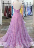 Sequined A-Line V Neck Prom Dress With Pleated Sweep Train-27dress