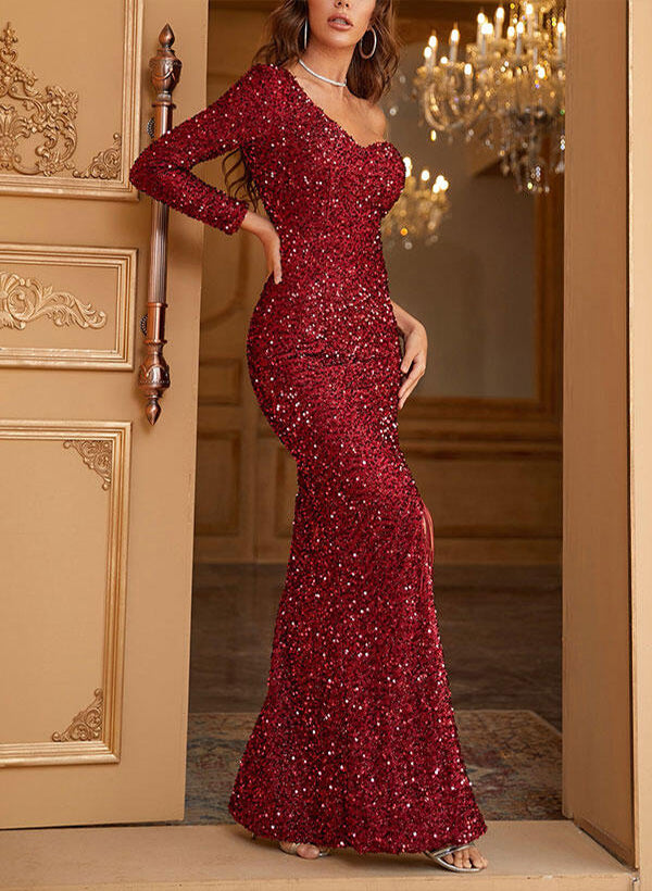 Sequined Floor-Length Burgundy Dress with Sequins Split Front for Women-27dress