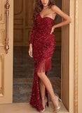 Sequined Floor-Length Burgundy Dress with Sequins Split Front for Women-27dress