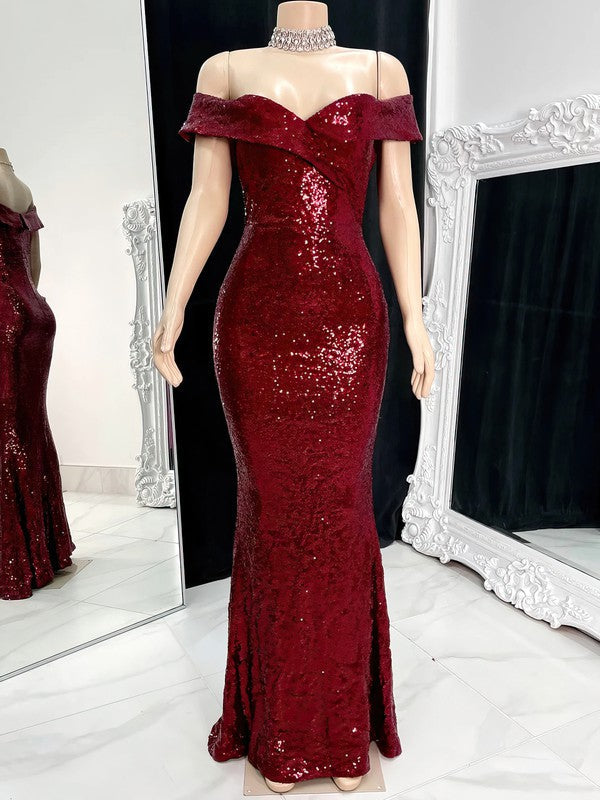 Sequined Floor-length Prom Dress with Split Front and Off-the-shoulder Sheath/Column