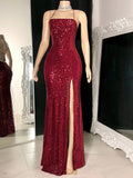 Sequined Floor-length Prom Dress with Split Front and Sheath/Column Square Neckline