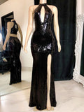 Sequined High Neck Floor-length Prom Dress with Split Front Sheath/Column