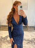 Sequined Long Sleeves Prom Dress with Split Front - Sheath/Column V-neck Sweep Train-27dress