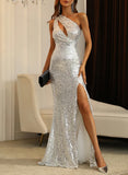 Sequined One-Shoulder Prom Dress with Split Front and Sweep Train-27dress