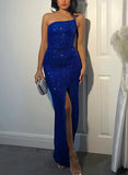 Sequined One-Shoulder Prom Dress with Split Front - Sheath/Column Floor-Length-27dress