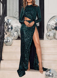 Sequined Prom Dres With Split Front and High Neck Sweep Train-27dress