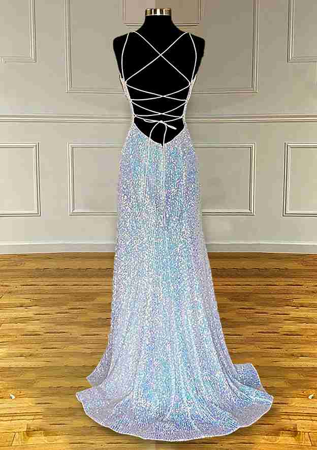 Sequined Prom Dress With Pleated Sheath/Column V Neck Spaghetti Straps and Sweep Train-27dress