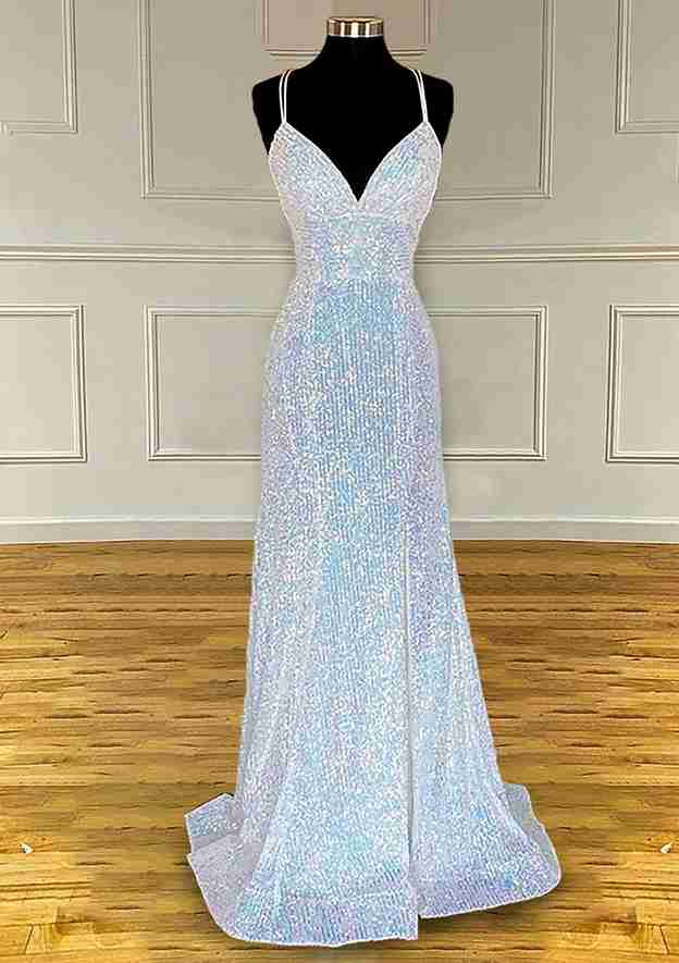 Sequined Prom Dress With Pleated Sheath/Column V Neck Spaghetti Straps and Sweep Train-27dress