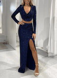 Sequined Prom Dress with Split Front and Cowl Neck Sheath/Column Floor-Length-27dress