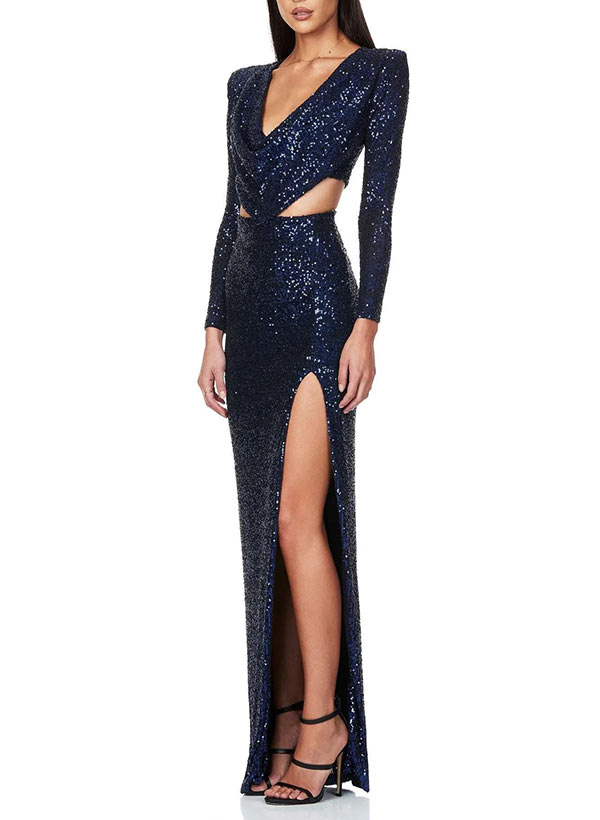 Sequined Prom Dress with Split Front and Cowl Neck Sheath/Column Floor-Length-27dress