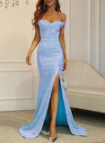 Sequined Prom Dress with Split Front and Off-the-Shoulder Sheath Column-27dress