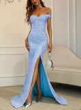 Sequined Prom Dress with Split Front and Off-the-Shoulder Sheath Column-27dress