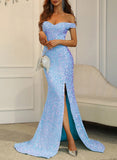 Sequined Prom Dress with Split Front and Off-the-Shoulder Sheath Column-27dress