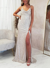 Sequined Prom Dress with Split Front and Sheath Cowl Neck Sleeveless Sweep Train-27dress