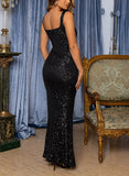 Sequined Prom Dress with Split Front - Sheath/Column V-Neck Floor-Length-27dress