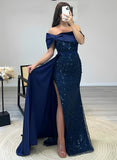 Sequined Prom Dresses With Split Front and Off-The-Shoulder Long Sleeves Sheath Sweep Train-27dress