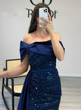 Sequined Prom Dresses With Split Front and Off-The-Shoulder Long Sleeves Sheath Sweep Train-27dress