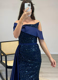 Sequined Prom Dresses With Split Front and Off-The-Shoulder Long Sleeves Sheath Sweep Train-27dress
