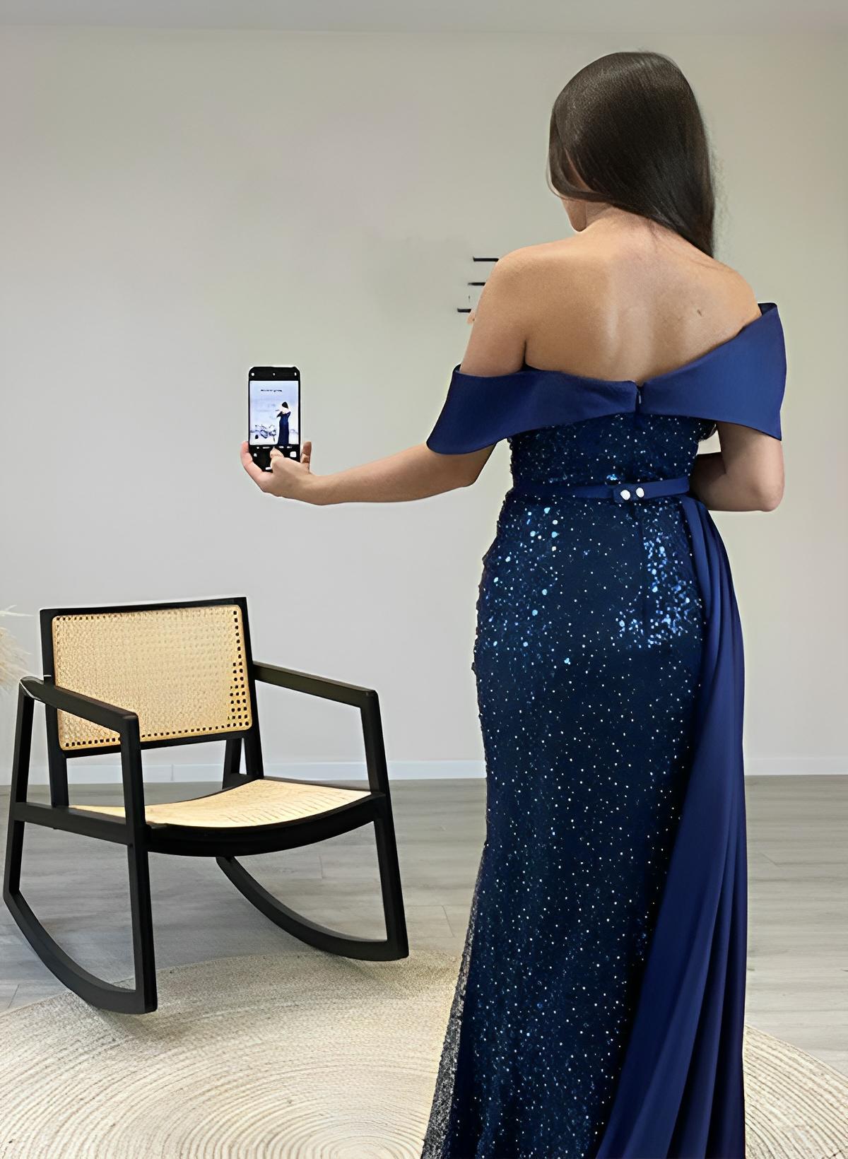 Sequined Prom Dresses With Split Front and Off-The-Shoulder Long Sleeves Sheath Sweep Train-27dress