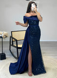 Sequined Prom Dresses With Split Front and Off-The-Shoulder Long Sleeves Sheath Sweep Train-27dress