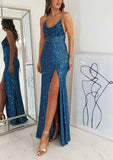 Sequined Prom Dress with Split Front and V-neck Sheath/Column Sleeveless