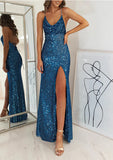 Sequined Prom Dress with Split Front and V-neck Sheath/Column Sleeveless