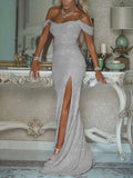 Sequined Sashes/Ribbons Prom Dresses with Sheath/Column Sweep Train and Off-the-shoulder Design