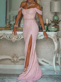 Sequined Sashes/Ribbons Prom Dresses with Sheath/Column Sweep Train and Off-the-shoulder Design