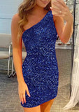 Sequined Short Homecoming Dress with One-Shoulder Sleeve - Sheath Column - 27Dress