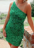 Sequined Short Homecoming Dress with One-Shoulder Sleeve - Sheath Column - 27Dress