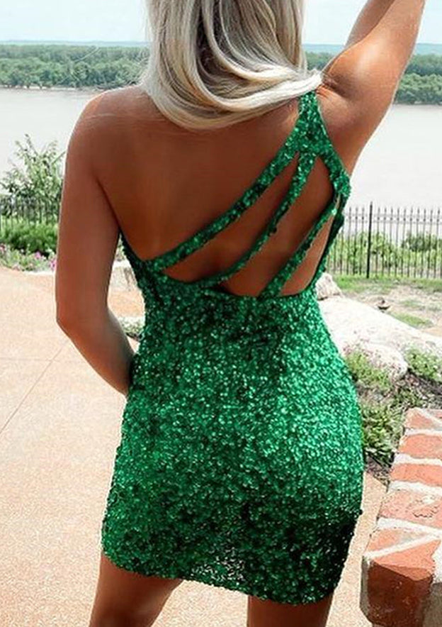 Sequined Short Homecoming Dress with One-Shoulder Sleeve - Sheath Column - 27Dress