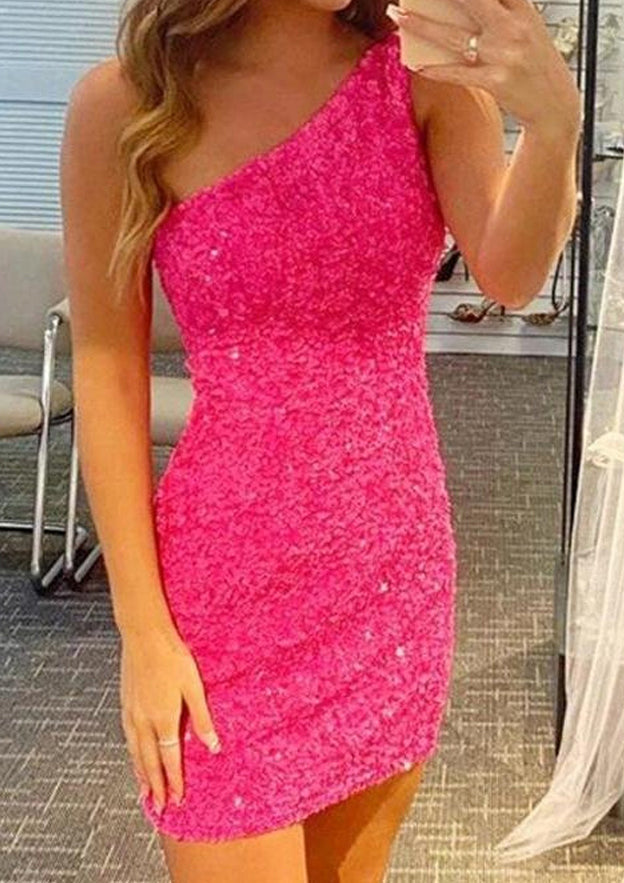 Sequined Short Homecoming Dress with One-Shoulder Sleeve - Sheath Column - 27Dress