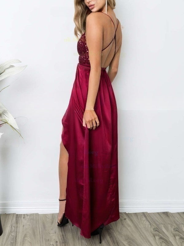 Sequined Silk-like Satin Split Front Prom Dresses with Sheath/Column V-neck and Ankle-length