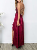 Sequined Silk-like Satin Split Front Prom Dresses with Sheath/Column V-neck and Ankle-length