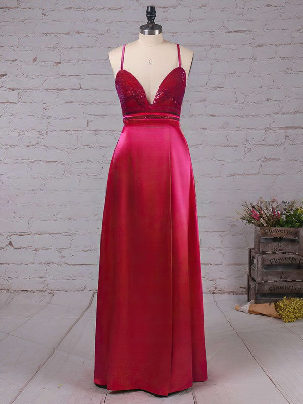 Sequined Silk-like Satin Split Front Prom Dresses with Sheath/Column V-neck and Ankle-length