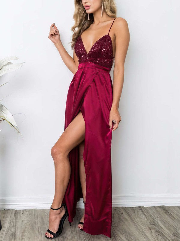 Sequined Silk-like Satin Split Front Prom Dresses with Sheath/Column V-neck and Ankle-length