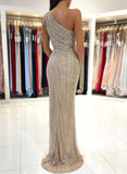 Sequined Split Front Prom Dress with Sequins and Sweep Train - Sheath/Column One-Shoulder Sleeveless-27dress