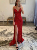 Sequined Split Front Prom Dress with Sheath/Column Sweep Train V-neck