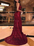 Sequined Split Front Sheath/Column Sweep Train Prom Dresses with Cowl Neck